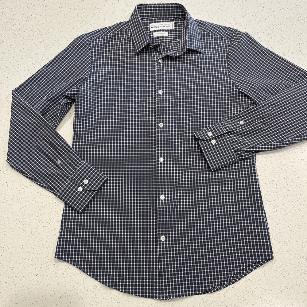 Mizzen Main Leeward Mens Medium Trim Fit Navy Blue‎ Micro Check Dress Shirt